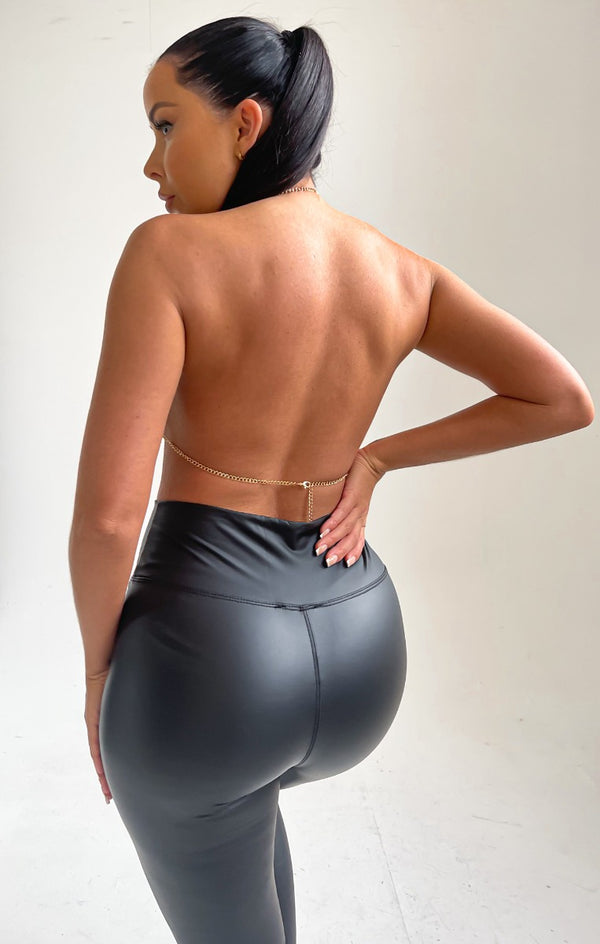 Femme Luxe Black Diamante Lace Up Chain Mail Top - Cici