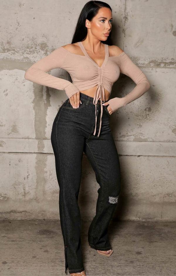 femme luxe Black Distressed Knee Split Hem Mom Jeans - Ava