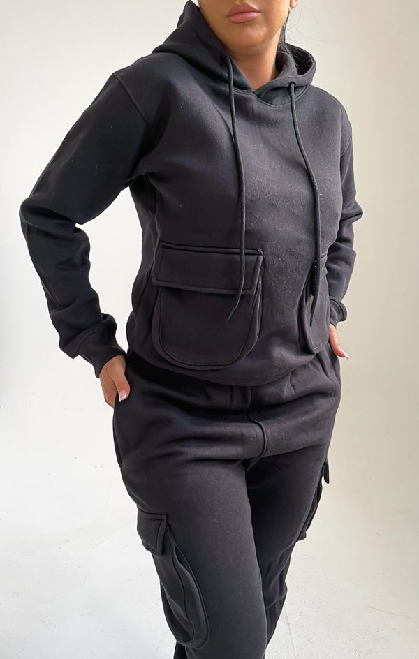 Femme Luxe Black Double Pocket Drawstring Hoodie And Cuffed Joggers Loungewear Set - Callie