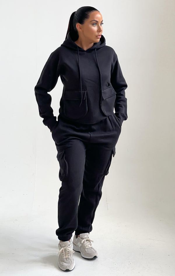 femme luxe Black Double Pocket Drawstring Hoodie And Cuffed Joggers Loungewear Set - Callie