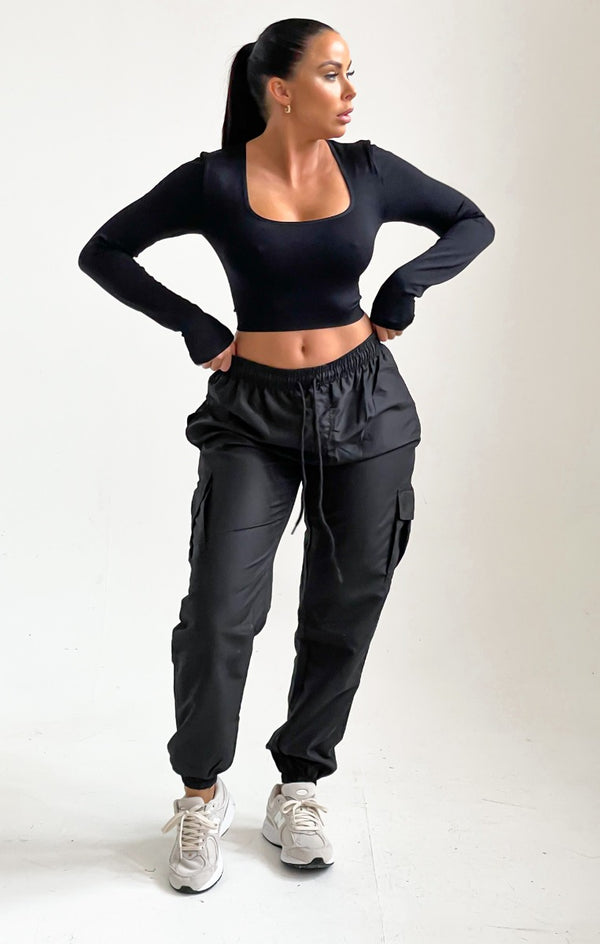 Femme Luxe Black Drawstring Elasticated Waist Cuffed Pocket Parachute Trousers - Love