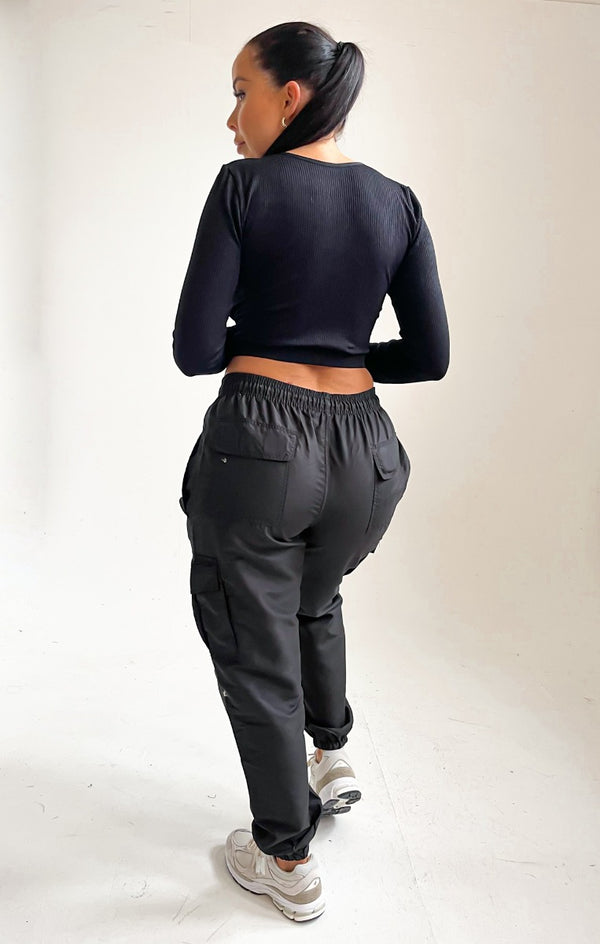 Femme Luxe Black Drawstring Elasticated Waist Cuffed Pocket Parachute Trousers - Love