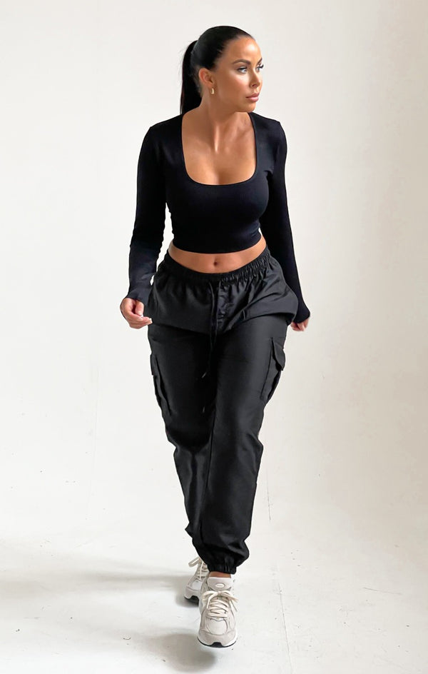 Femme Luxe Black Drawstring Elasticated Waist Cuffed Pocket Parachute Trousers - Love