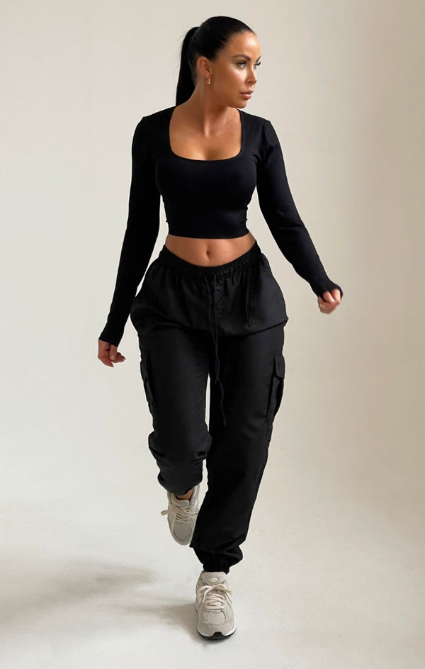 femme luxe Black Drawstring Elasticated Waist Cuffed Pocket Parachute Trousers - Love