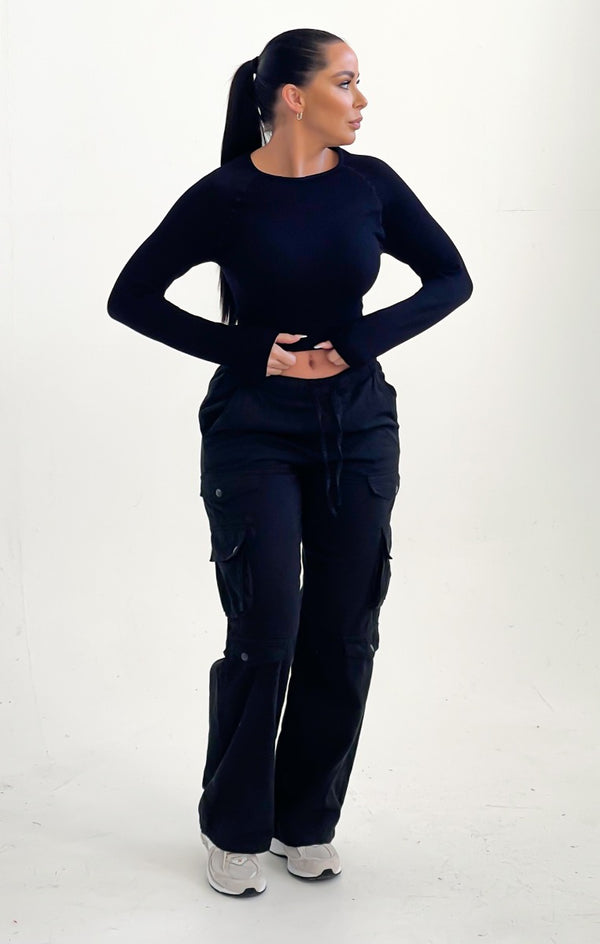 Femme Luxe Black Drawstring Pocket Cargo Trousers - Bianca