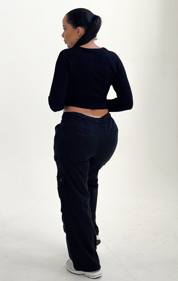 Femme Luxe Black Drawstring Pocket Cargo Trousers - Bianca