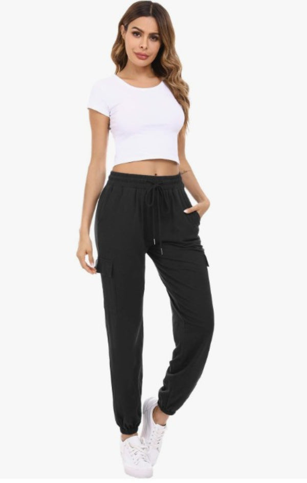 Femme Luxe Black Drawstring Waist Pocket Detail Cuffed Cargo Joggers - Sienna