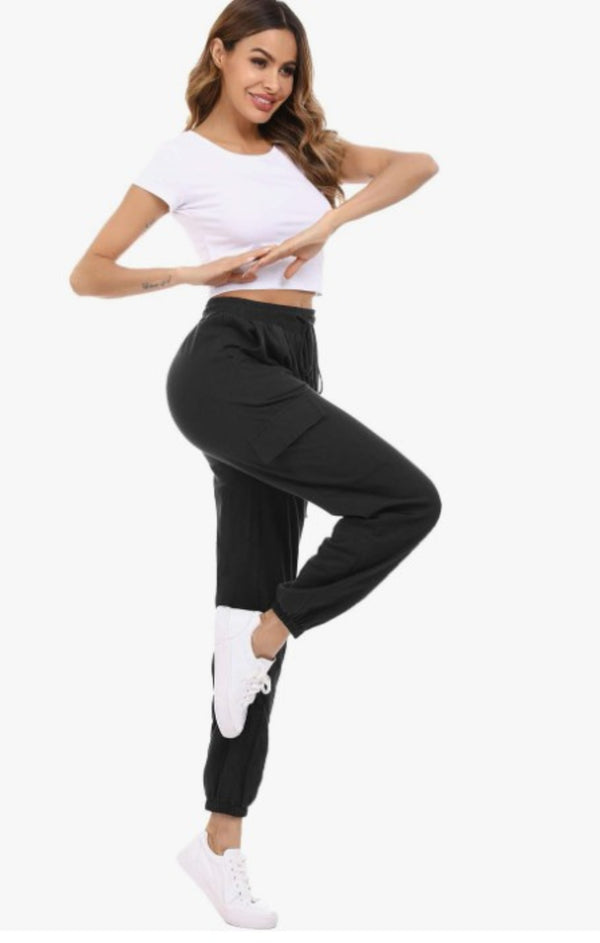 Femme Luxe Black Drawstring Waist Pocket Detail Cuffed Cargo Joggers - Sienna