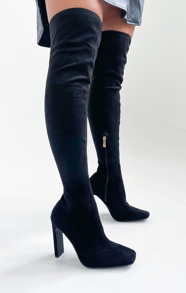 femme luxe Black Fabric Over The Knee Square Toe Heeled Boots - Oliviana