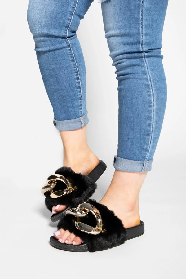 Femme Luxe Black Faux Fur Buckled Summer Thick Sole Sliders - Juliette