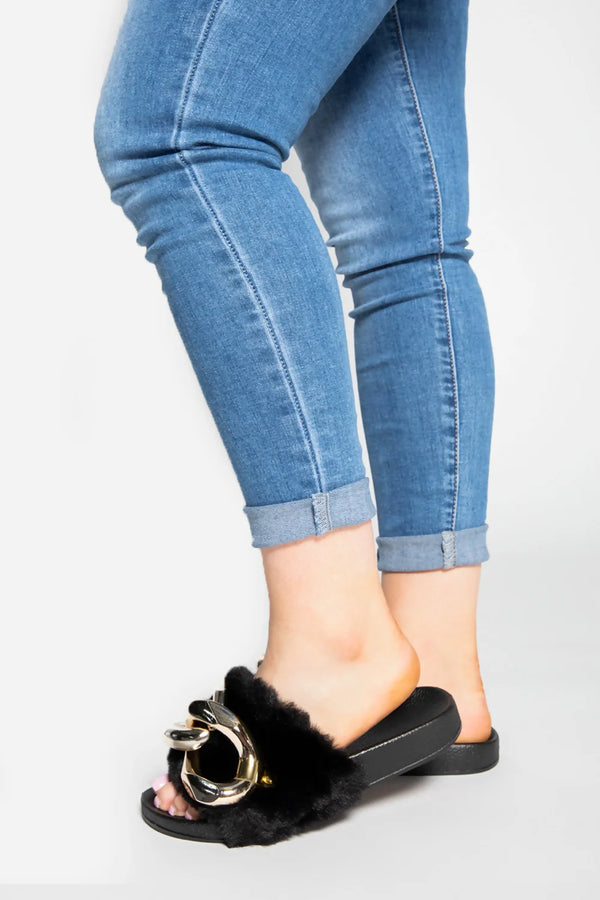 Femme Luxe Black Faux Fur Buckled Summer Thick Sole Sliders - Juliette