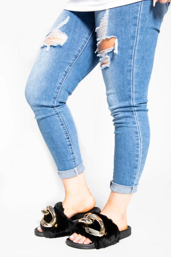 femme luxe Black Faux Fur Buckled Summer Thick Sole Sliders - Juliette