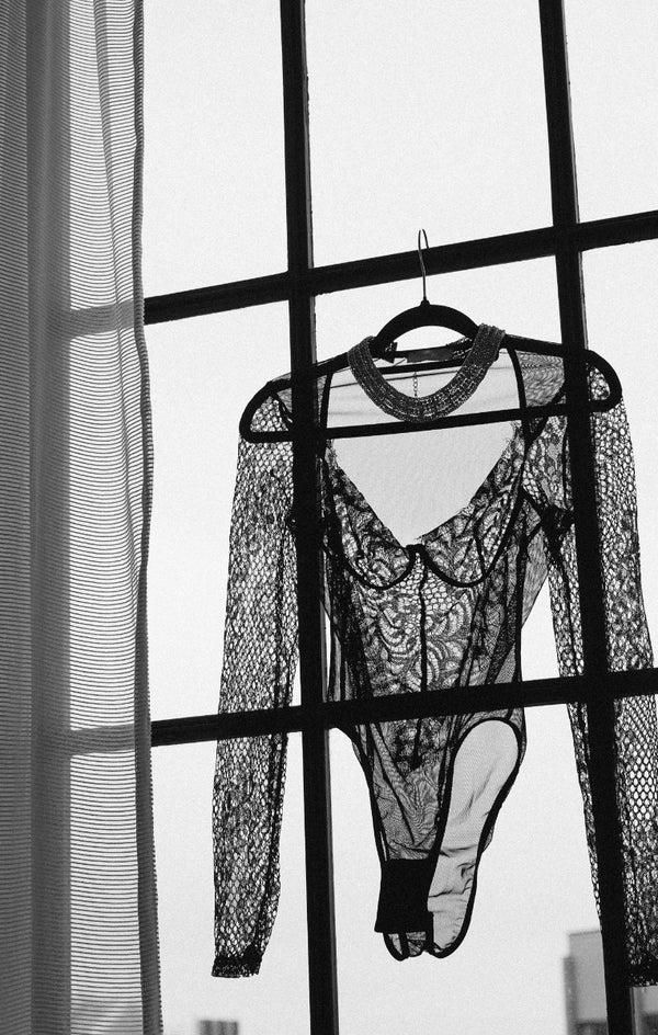 Femme Luxe Black Fishnet Mesh Floral Lace Long Sleeve Plunge Bodysuit - Janey