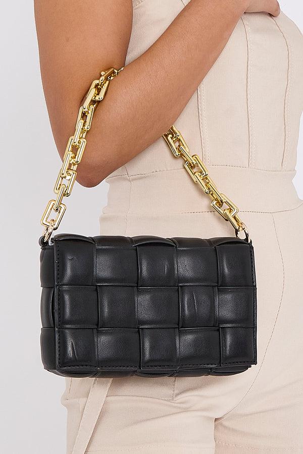 femme luxe Black Flapover Chain Detail Crossbody Bag - Mada