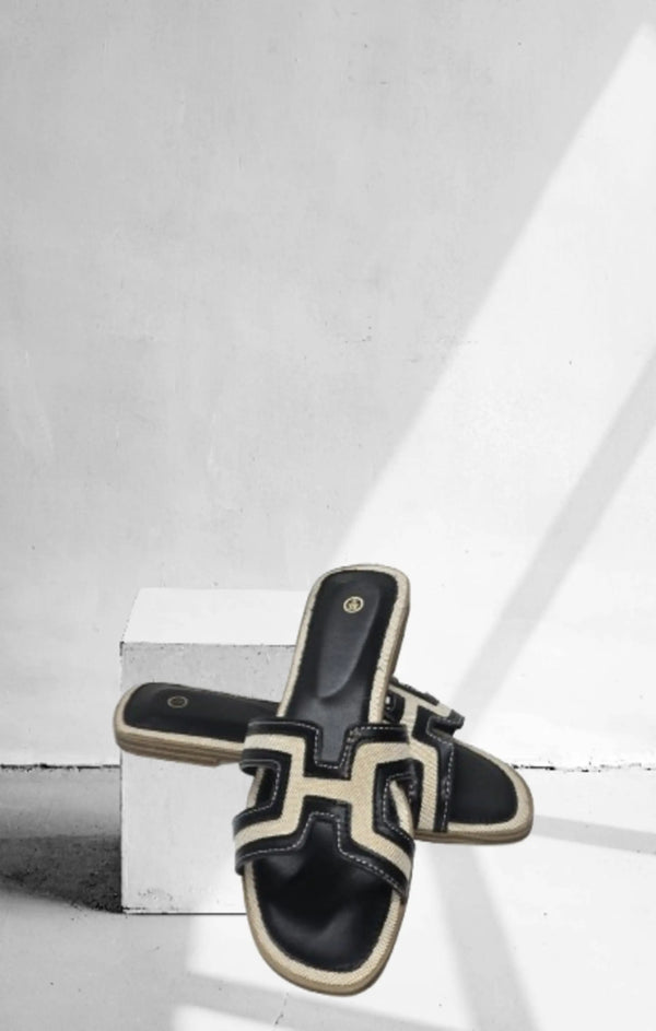 Femme Luxe Black Flat Woven Detail Slip On Sandals - Bella