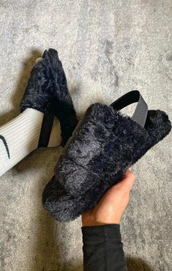 femme luxe Black Fluffy Faux Fur Elasticated Back Flatform Slippers - Amara