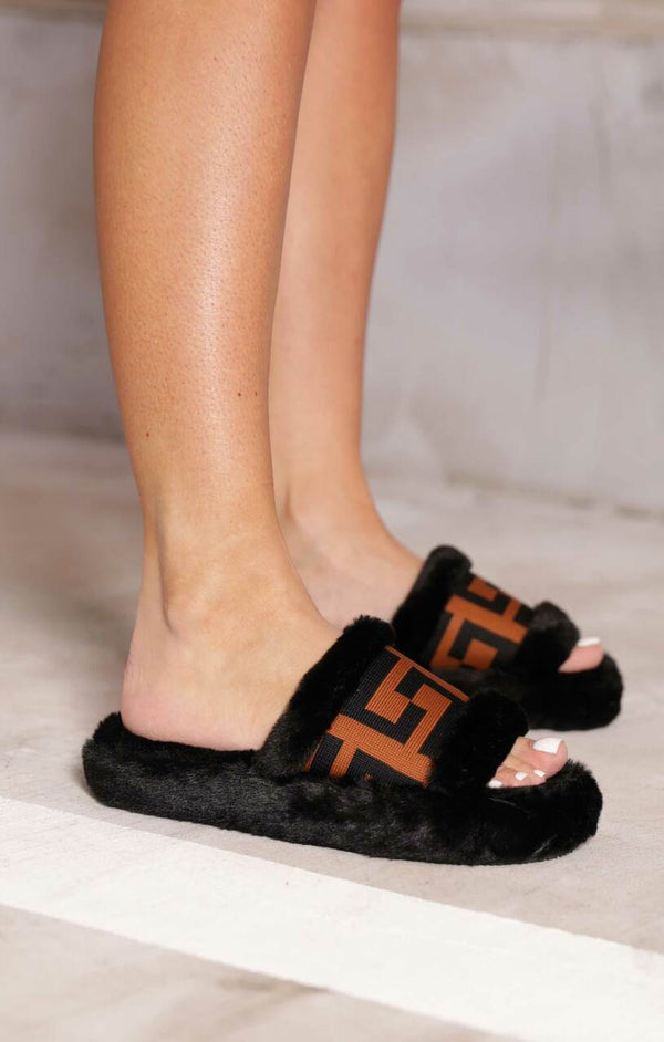 Femme Luxe Black Fluffy Faux Fur Geometric Detail Flatform Sliders - Morgana