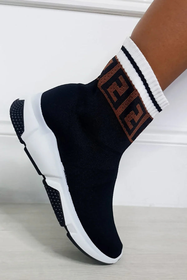 Femme Luxe Black Geometric Sock Chunky Sole Boots - Keely