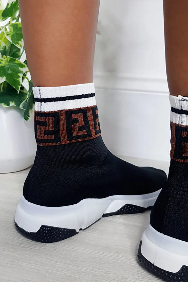 Femme Luxe Black Geometric Sock Chunky Sole Boots - Keely