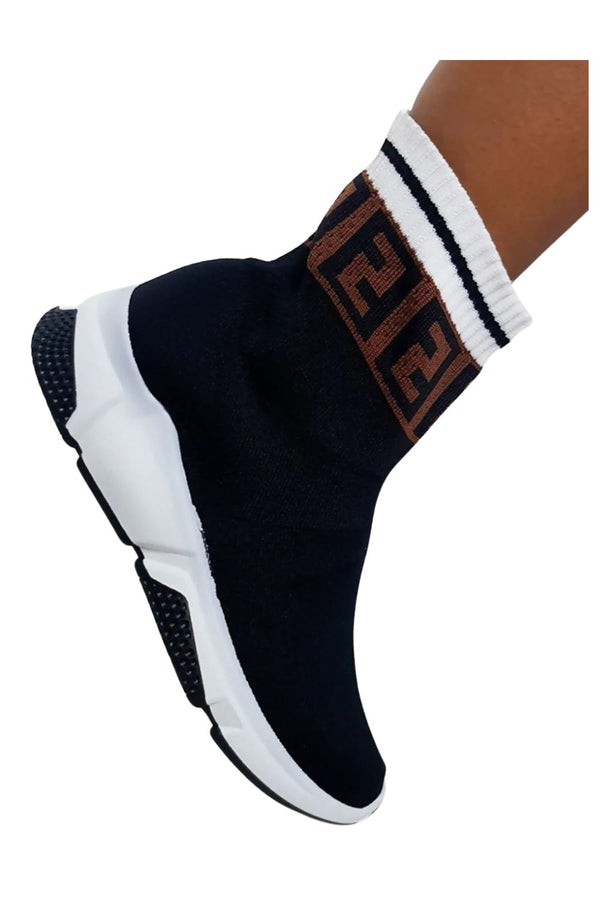 femme luxe Black Geometric Sock Chunky Sole Boots - Keely