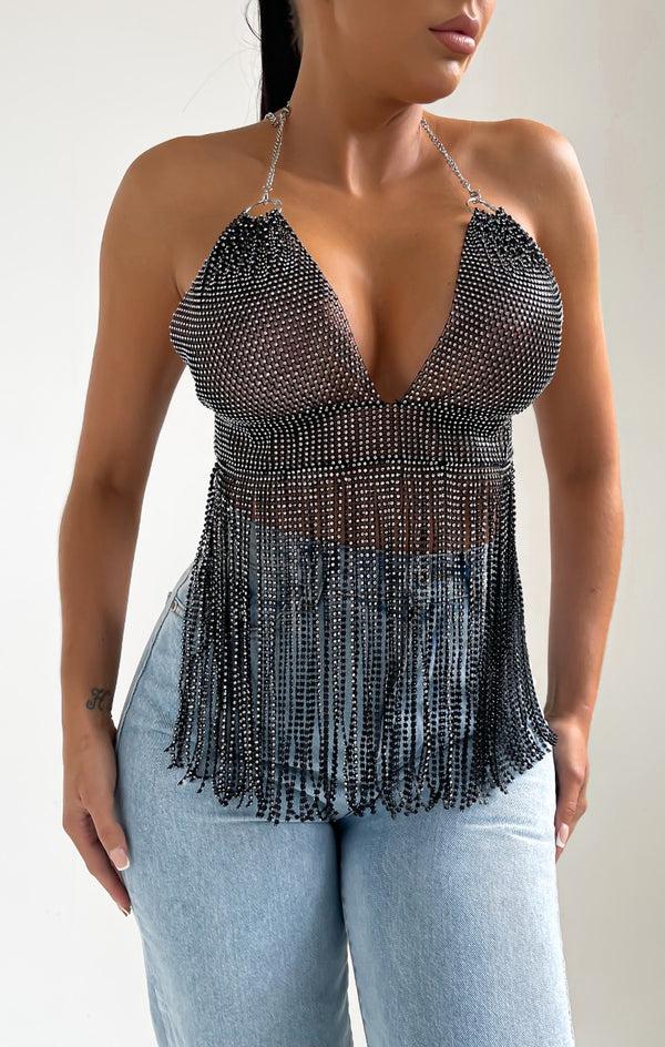 Femme Luxe Black Halter Neck Open Back Chain Mail Tassel Top - Dani