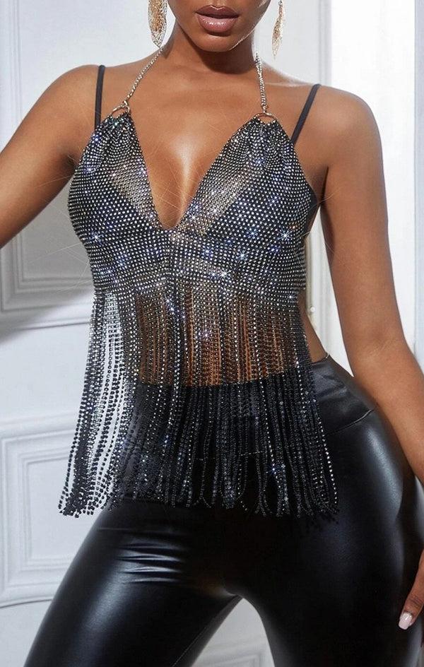 femme luxe Black Halter Neck Open Back Chain Mail Tassel Top - Dani