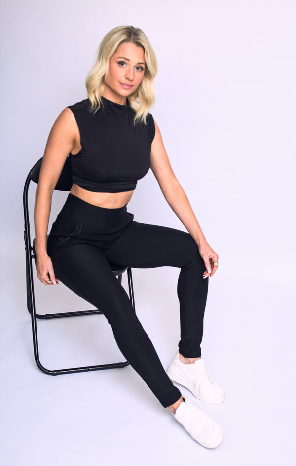 Femme Luxe Black High Waist Double Band Pocket Leggings - Aria