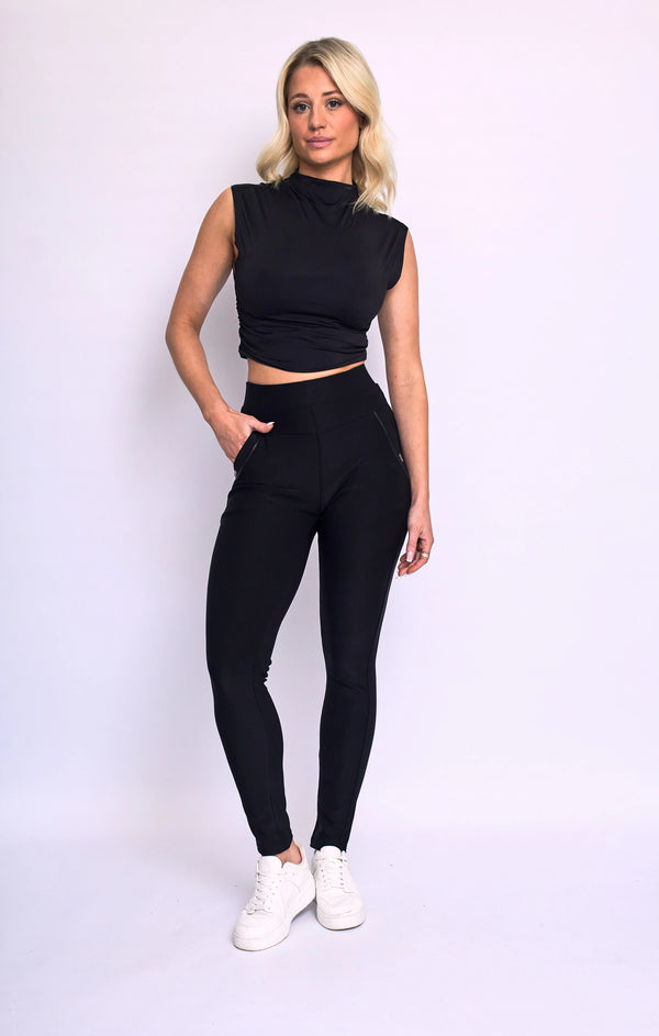 femme luxe Black High Waist Double Band Pocket Leggings - Aria