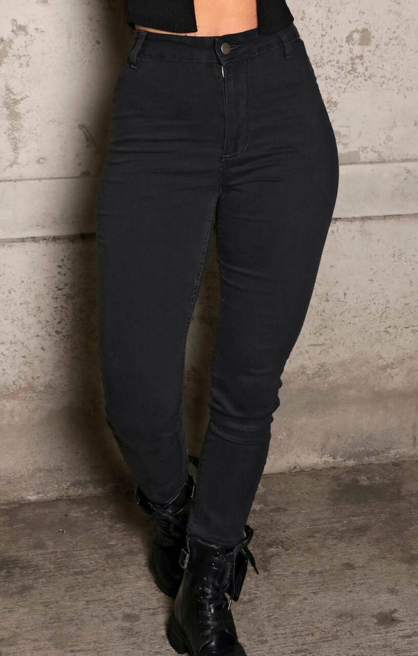 Femme Luxe Black High Waisted Button Up Denim Skinny Jeans - Leila