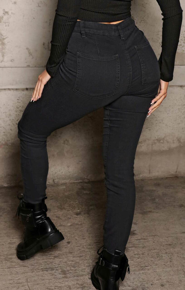 Femme Luxe Black High Waisted Button Up Denim Skinny Jeans - Leila