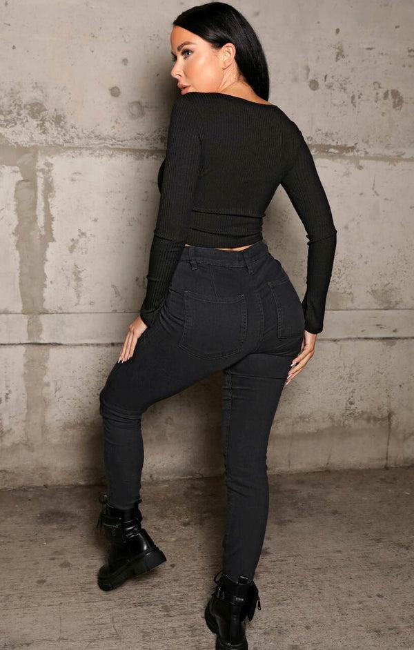 Femme Luxe Black High Waisted Button Up Denim Skinny Jeans - Leila