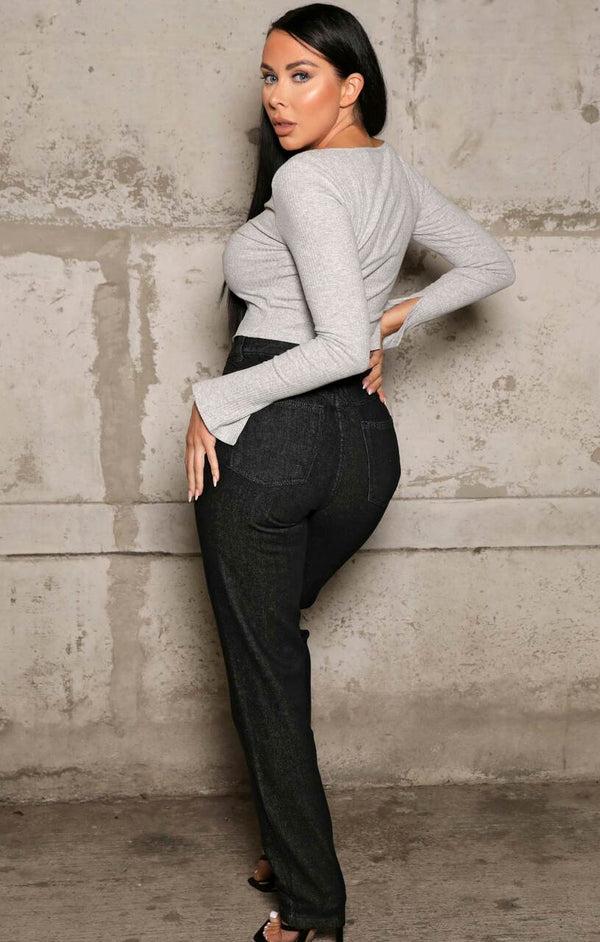 Femme Luxe Black High Waisted Button Up Straight Leg Denim Jeans - Karen