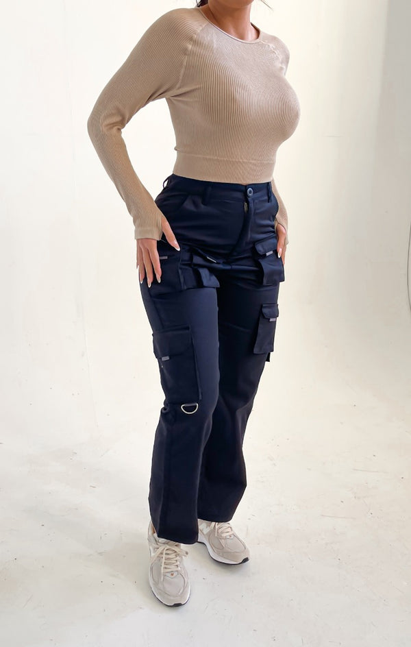 Femme Luxe Black High Waisted Button Up Three Side Pocket Straight Leg Cargo Trousers - Violetta