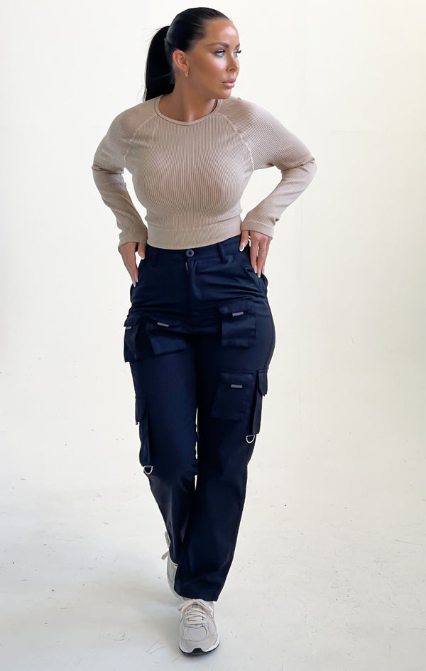 Femme Luxe Black High Waisted Button Up Three Side Pocket Straight Leg Cargo Trousers - Violetta