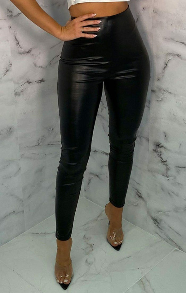 Femme Luxe Black High Waisted PU Skinny Trousers - Skylar