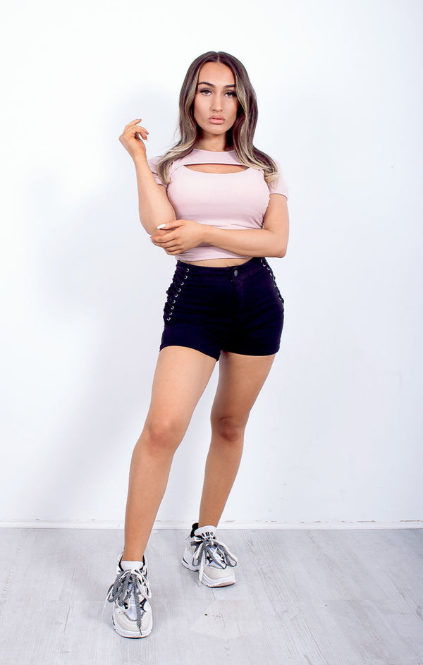 femme luxe Black High Waisted Side Lace Up Denim Shorts - Amelita