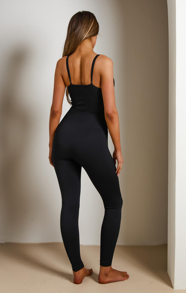 Femme Luxe Black High Waisted Thick Rib Waistband Detail Bodycon Leggings - Hannah