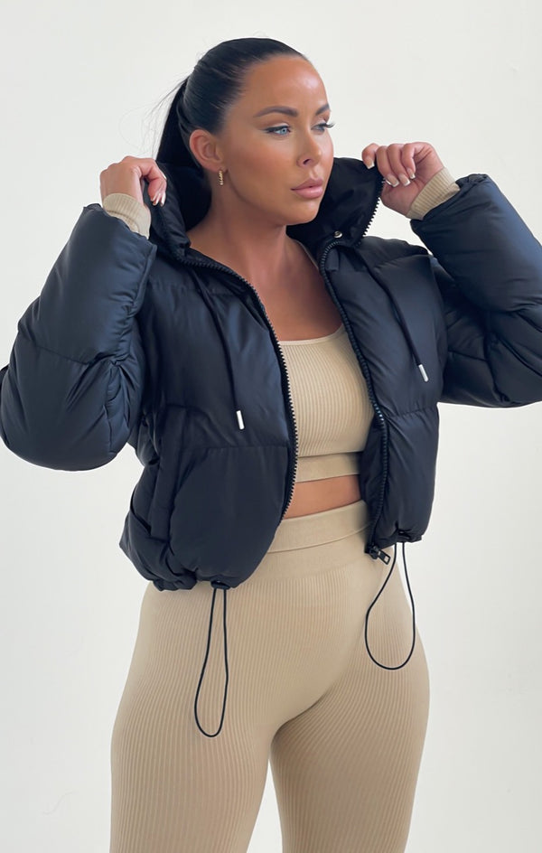 Femme Luxe Black Hooded Drawstring Cropped Puffer Jacket - Stacey