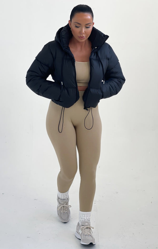 Femme Luxe Black Hooded Drawstring Cropped Puffer Jacket - Stacey