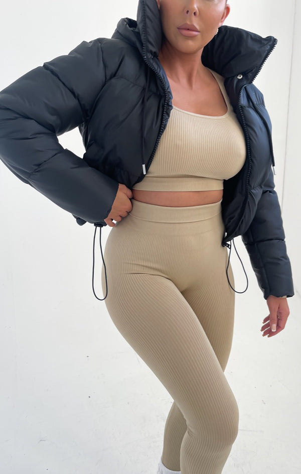 Femme Luxe Black Hooded Drawstring Cropped Puffer Jacket - Stacey