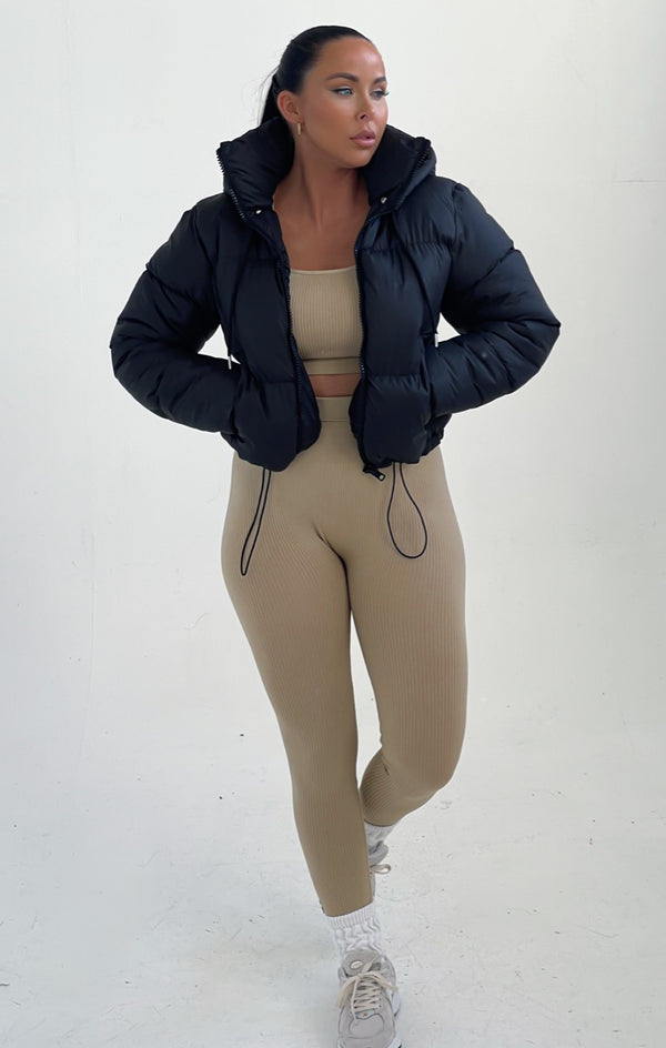 femme luxe Black Hooded Drawstring Cropped Puffer Jacket - Stacey