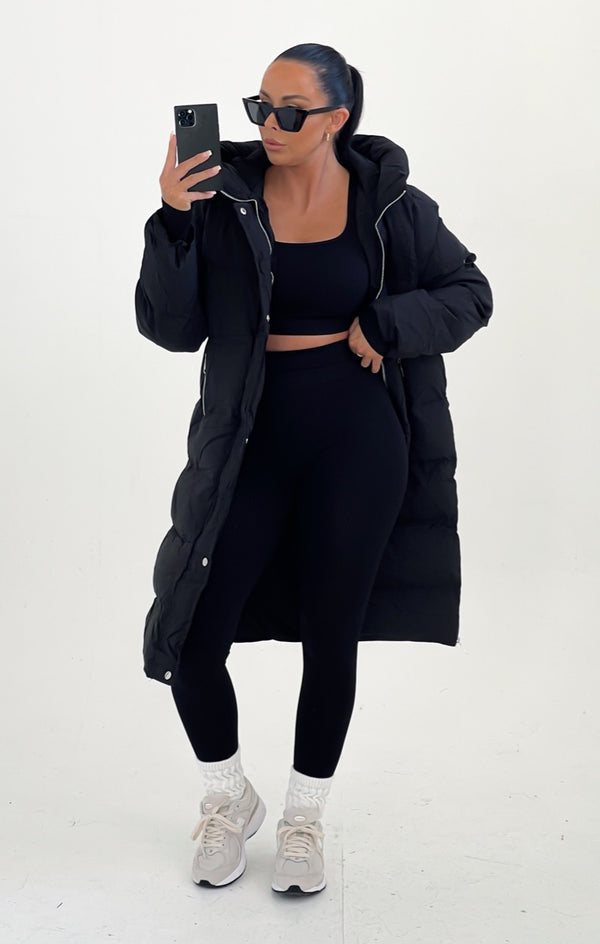 Femme Luxe Black Hooded Longline Padded Zip Up Midi Coat - Naomi