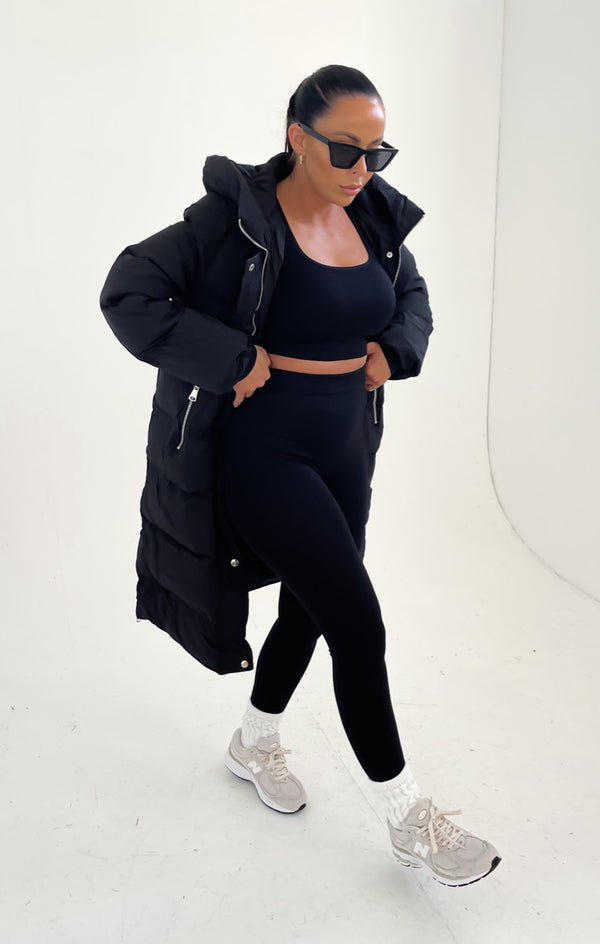 Femme Luxe Black Hooded Longline Padded Zip Up Midi Coat - Naomi