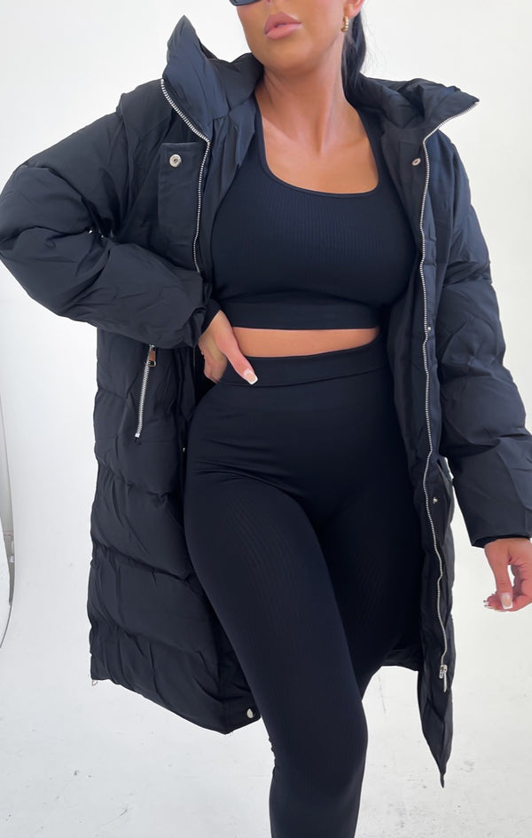 Femme Luxe Black Hooded Longline Padded Zip Up Midi Coat - Naomi