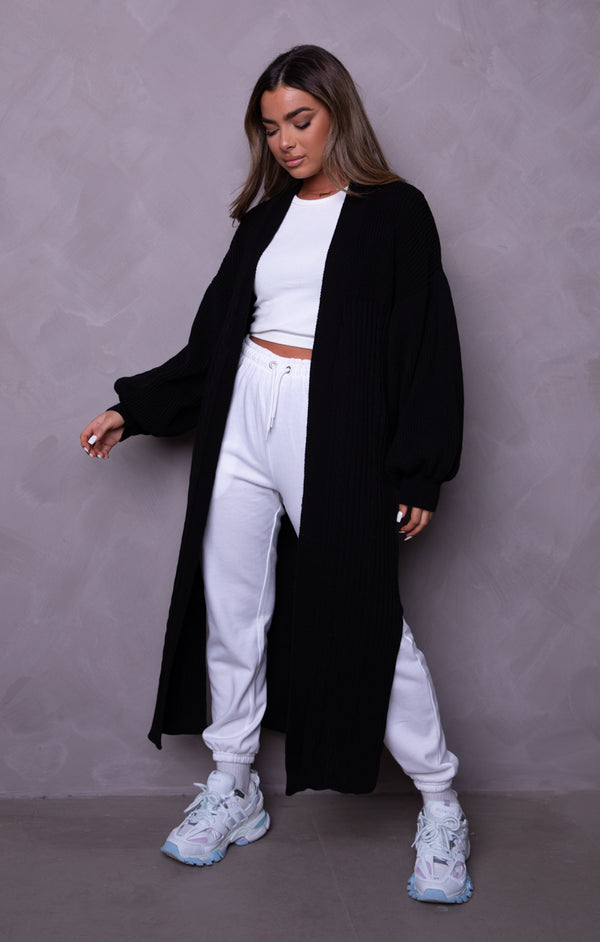 Femme Luxe Black Knitted Balloon Sleeve Side Split Longline Midi Cardigan- Emmy