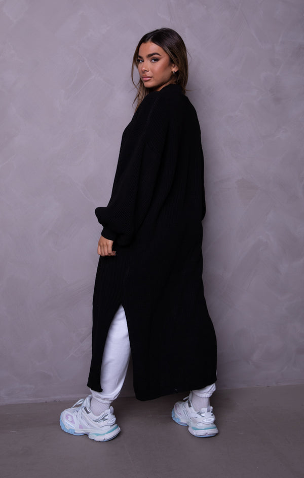 Femme Luxe Black Knitted Balloon Sleeve Side Split Longline Midi Cardigan- Emmy