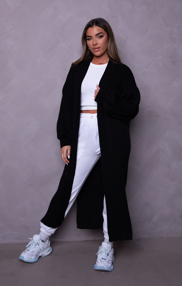 Femme Luxe Black Knitted Balloon Sleeve Side Split Longline Midi Cardigan- Emmy