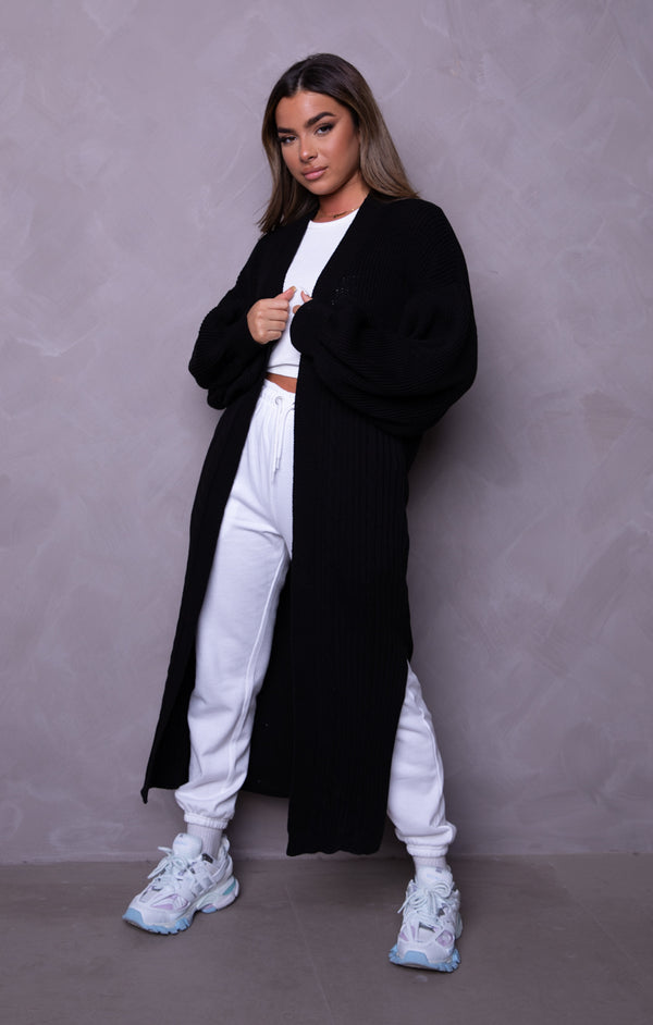 femme luxe Black Knitted Balloon Sleeve Side Split Longline Midi Cardigan- Emmy