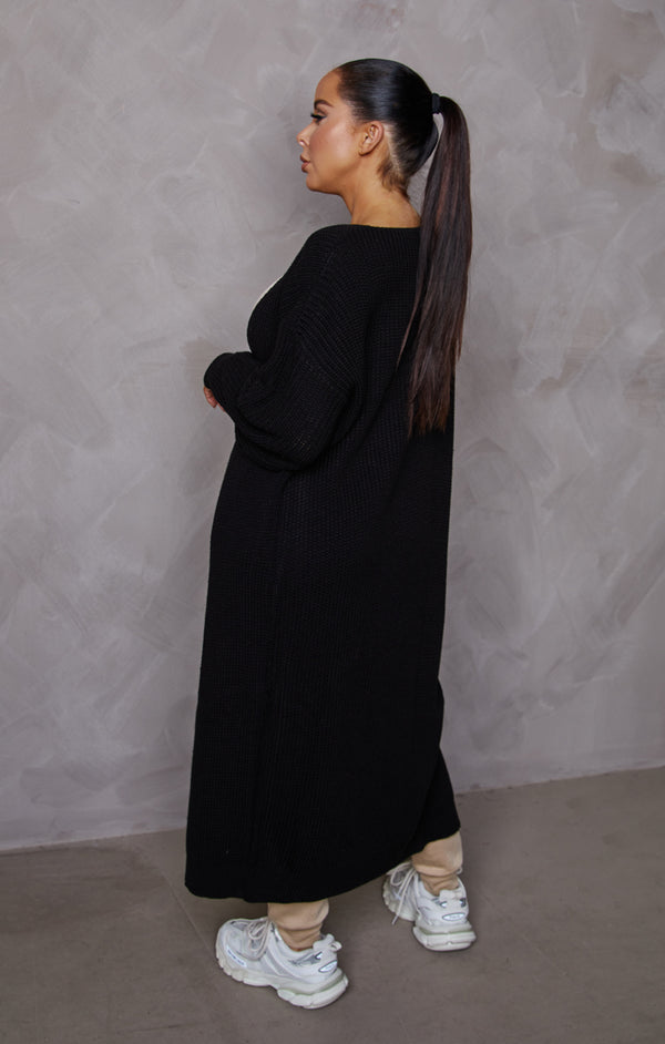 Femme Luxe Black Knitted Long Puff Sleeve Midi Longline Cardigan - Poppy