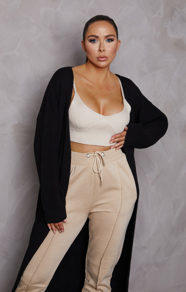 femme luxe Black Knitted Long Puff Sleeve Midi Longline Cardigan - Poppy